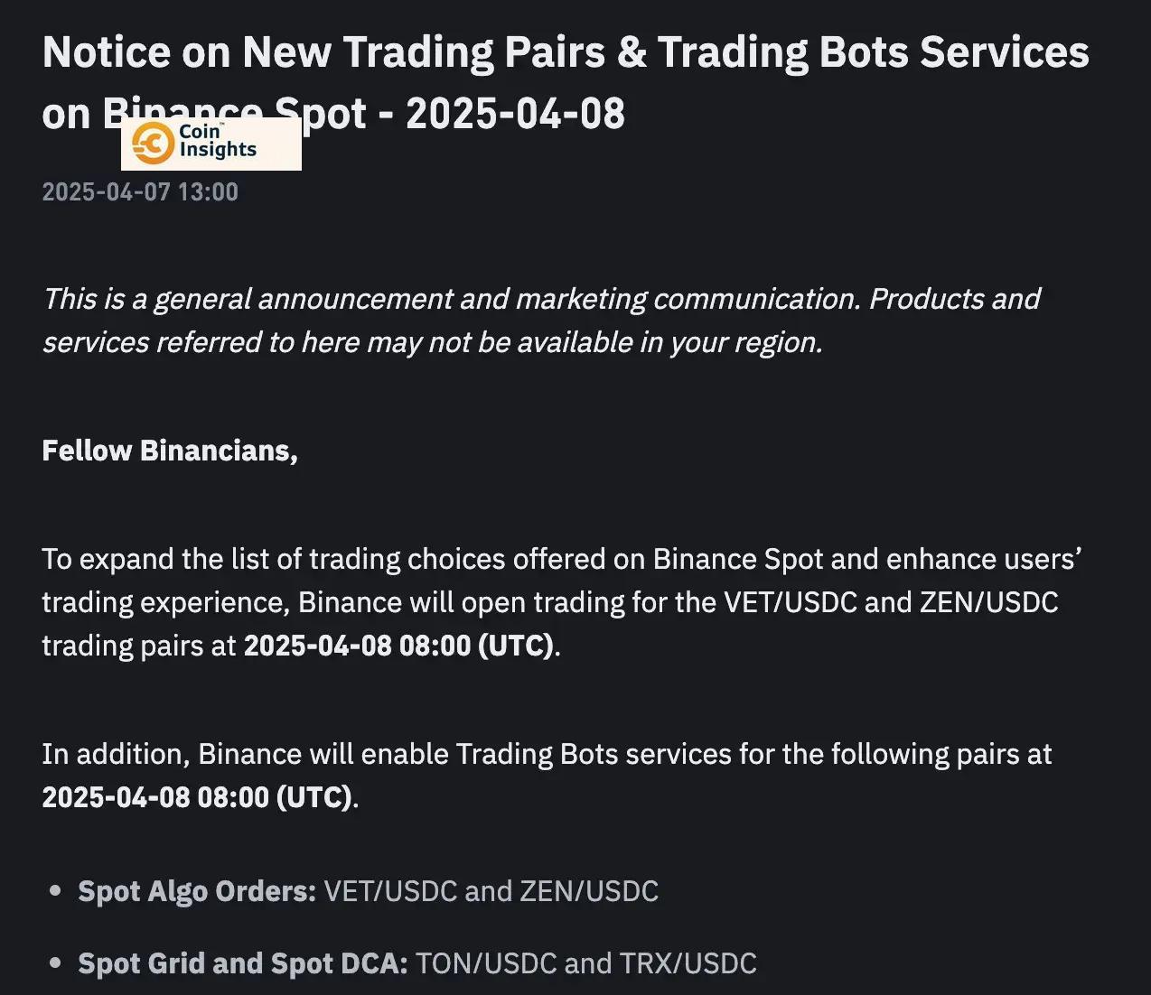 Thông báo Binance về các cặp giao dịch mới
