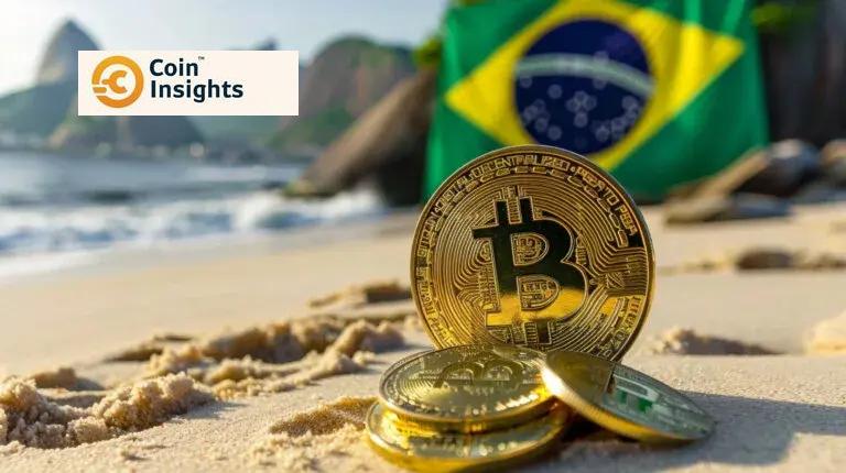 Minh họa Quốc kỳ Brazil bên chiếc máy tính có biểu tượng Bitcoin